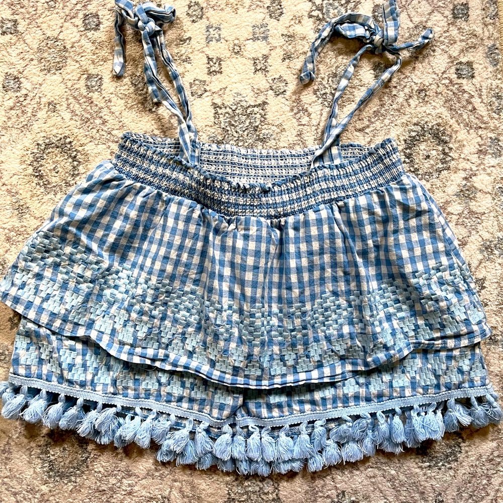 Vogue Blue Gingham Blouse with Tassels